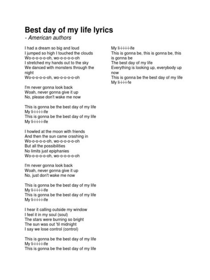 Lyrics To Best Day Of My Life |